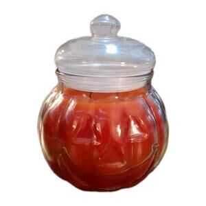Vtg Orange Candle Clear Glass Halloween Jack 'O Lantern Pumpkin Spice w/ Lid 6"